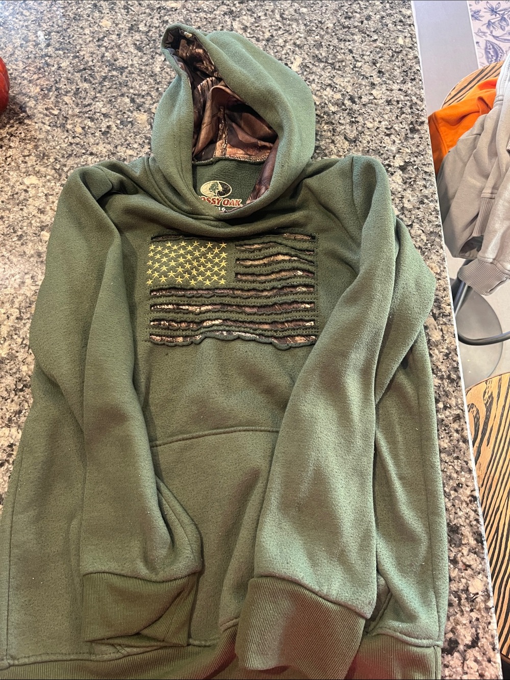 Mossy Oak boys Olive Green Fleece Hoodie with Camouflage Flag
